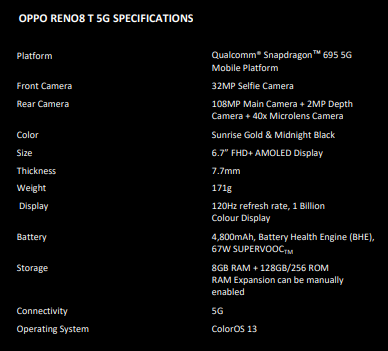 oppo reno 8t bluetooth 5 3 support sig certification listing specifications