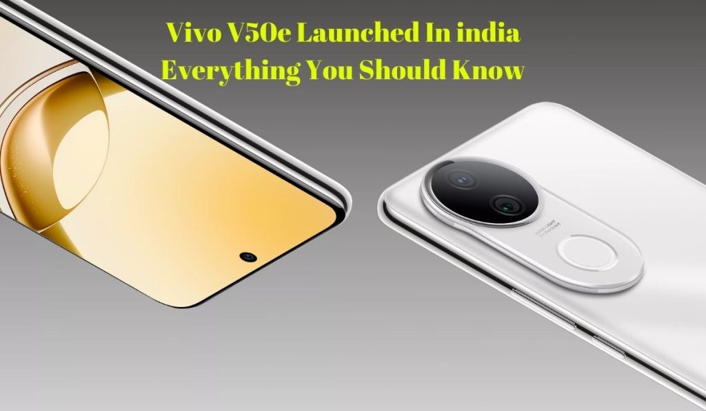 Vivo V50e smartphone in blue sand-textured finish with quad-curve display and 50MP OIS camera