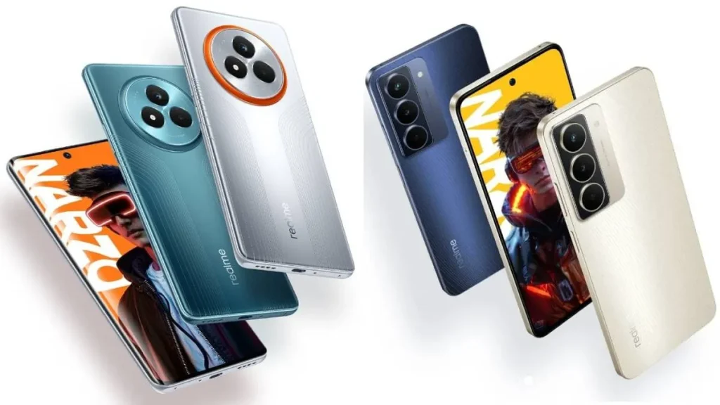 The newly launched Realme Narzo 80 Pro 5G (left) and Narzo 80x 5G (right) showcased in their signature colors. The Pro model features a curved AMOLED screen, while the 80x has a flat LCD panel."