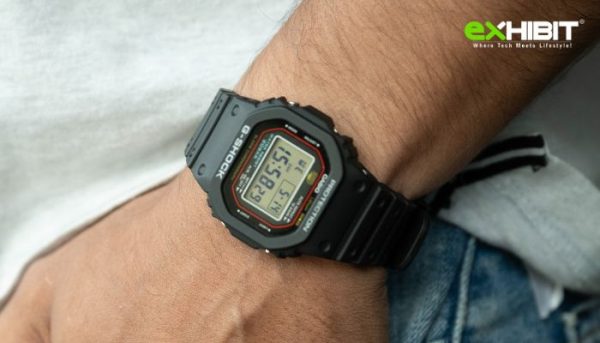 Casio G-SHOCK DW-5000R on wrist, showcasing its 42.3mm case and bio-based resin strap.
