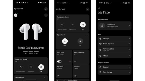 Screenshot of the Nothing X app showcasing customizable ANC levels, EQ settings, and personal sound tuning options for CMF Buds 2 Plus.