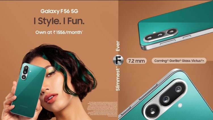 Samsung Galaxy F56 5G with 50MP OIS triple camera, 5000mAh battery, and Gorilla Glass Victus protection on display.