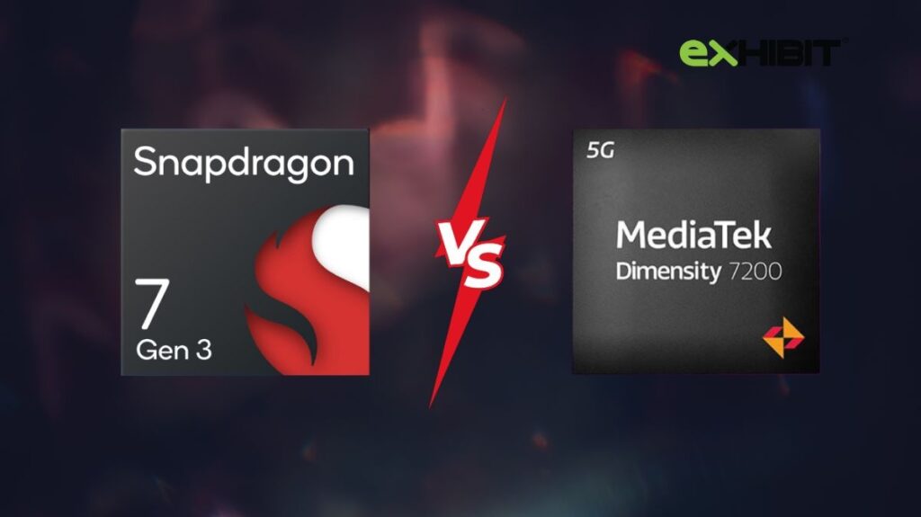 Side-by-side comparison of MediaTek Dimensity 7200 and Snapdragon 7s Gen 3 processors for smartphones