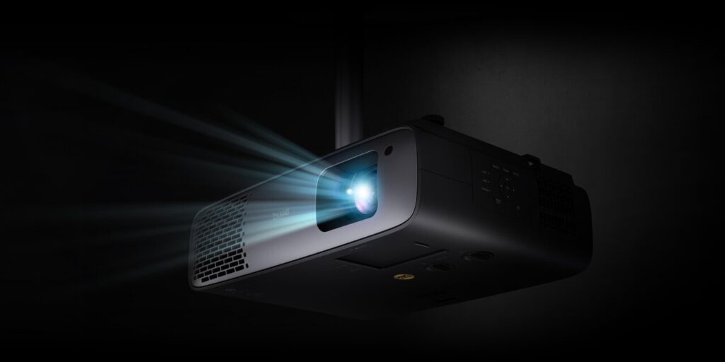 BenQ W4100i 4K HDR DLP projector setup in a modern home theatre
