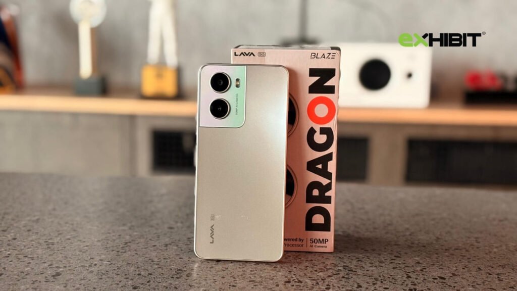 Lava Blaze Dragon 5G smartphone in Golden Mist with premium design and side-mounted fingerprint scanner.