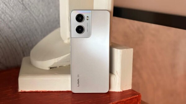 Lava Blaze Dragon 5G smartphone in Golden Mist color showing rear camera design and premium glass back.