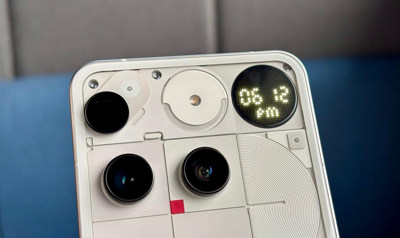 Nothing Phone 3 rear camera layout with triple sensors and transparent design
