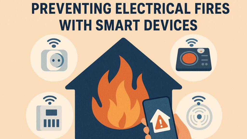Infographic showing smart devices that prevent electrical fires, including a smart plug, stovetop, electrical panel monitor, and smoke detector, all connected to a house with flames and a smartphone alert.