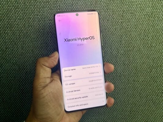 Redmi Note 14 Pro+ 5G showing Android 15 with Xiaomi HyperOS 2 interface on screen