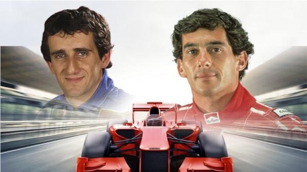 Alain Prost and Ayrton Senna ft a red car on a race track