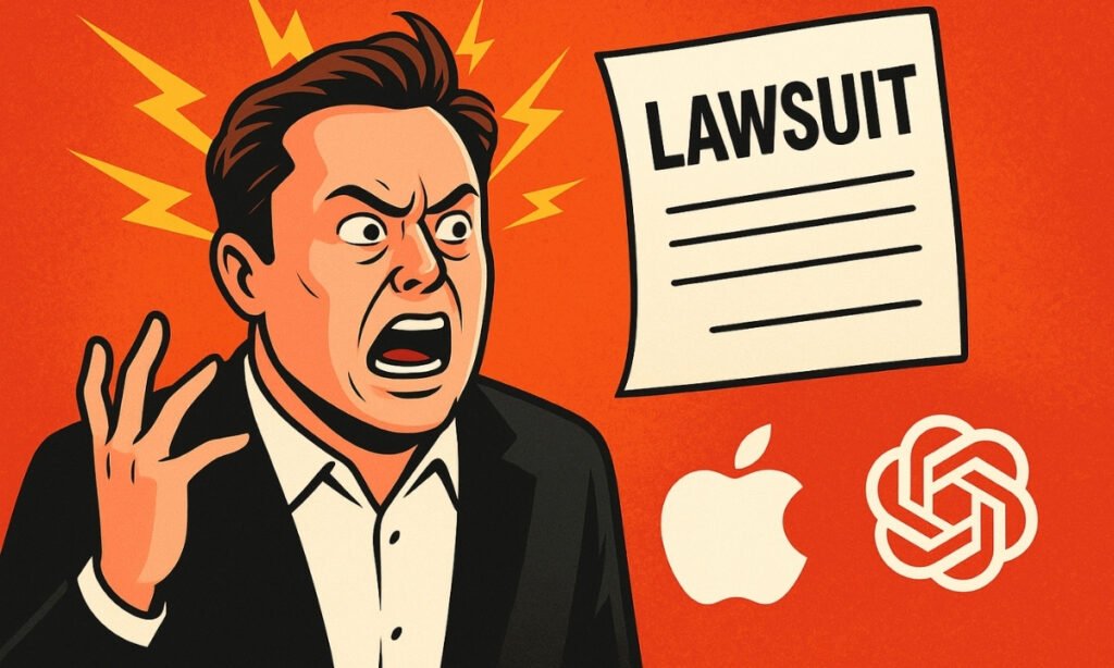 Elon Musk being furious with Apple and OpenAI logo