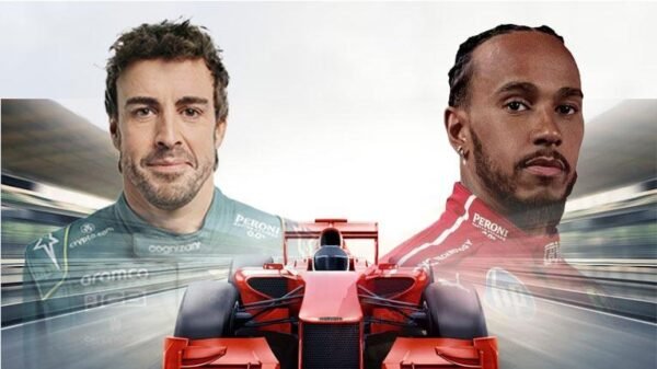 Fernando Alonso and Lewis Hamilton ft red car on a race track