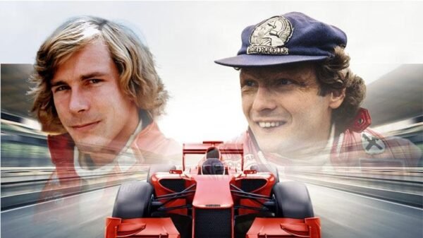 James Hunt and Niki Lauda ft red car on a race track