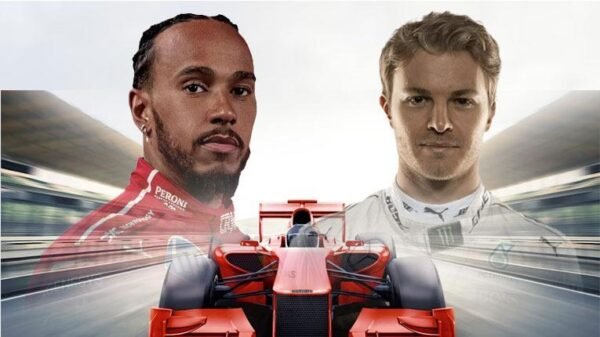 Lewis Hamilton and Nico Rosberg ft a red car on a race track