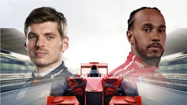 Max Verstappen and Lewis Hamilton ft a red car on a race track