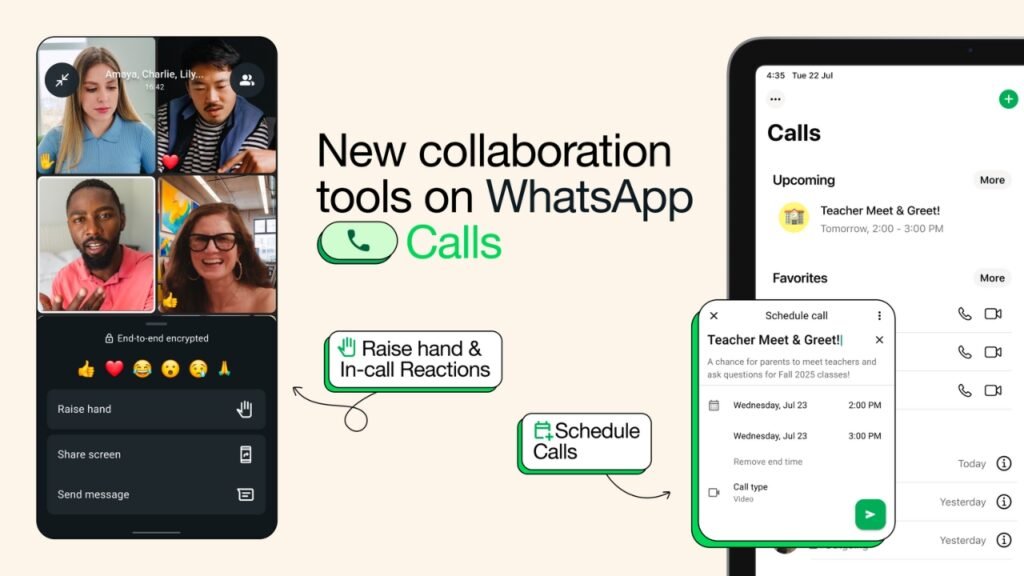 Whatsapp's new features on screen both left and the right side mentioning the feature